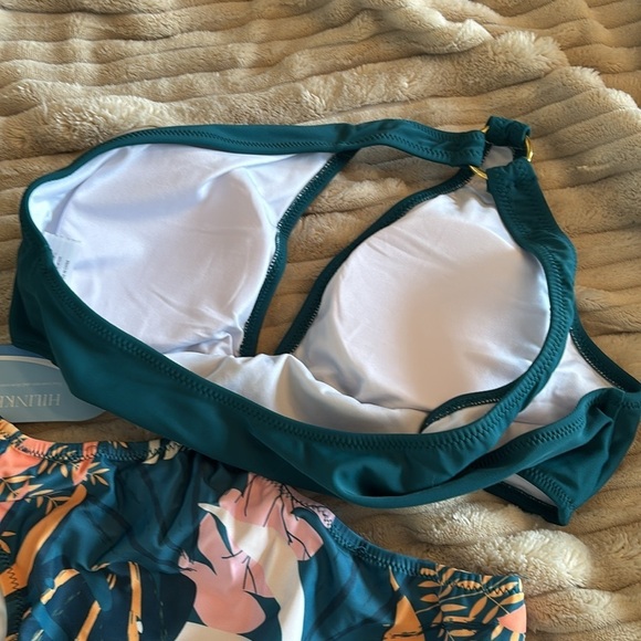 Brand New One Shoulder Swimsuit O-Ring Waist Bra Cup Green Tropical High Waist - Picture 12 of 14